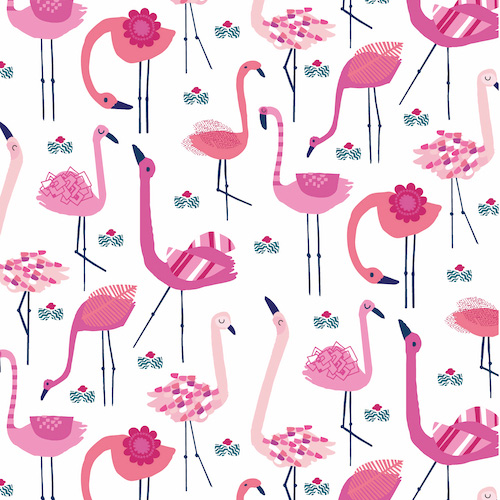 Ocean Drive - Pink Flamingos on White - Click Image to Close