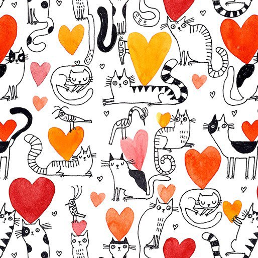 It's Raining Cats and Dogs - Hearts and Cats in Coral - Click Image to Close