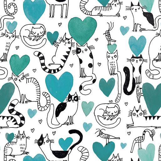 It's Raining Cats and Dogs - Hearts and Cats in Teal - Click Image to Close