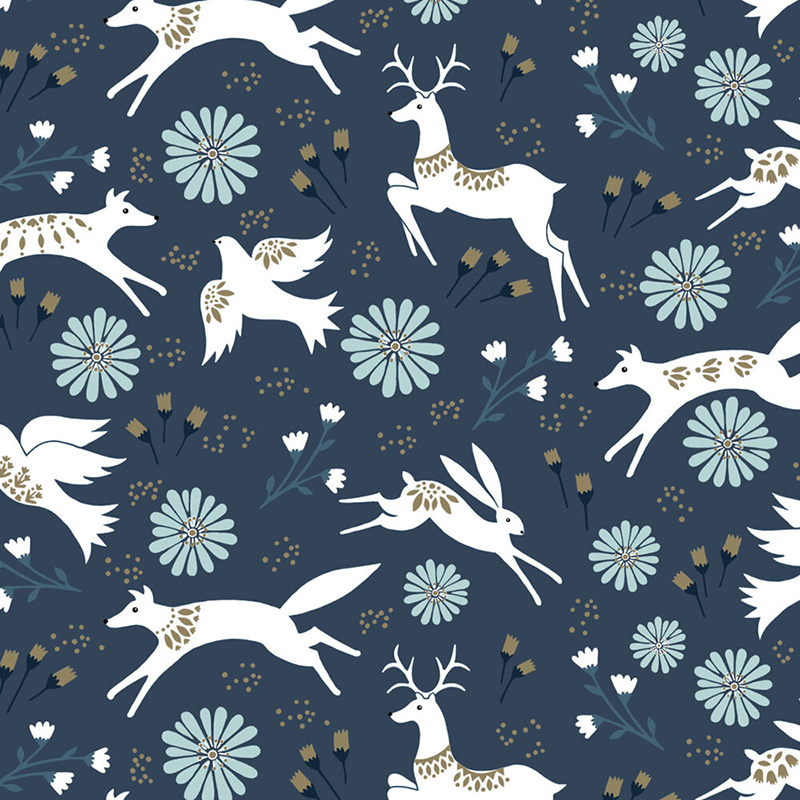 Starlit Hollow - Festive Animals in White on Blue - Click Image to Close