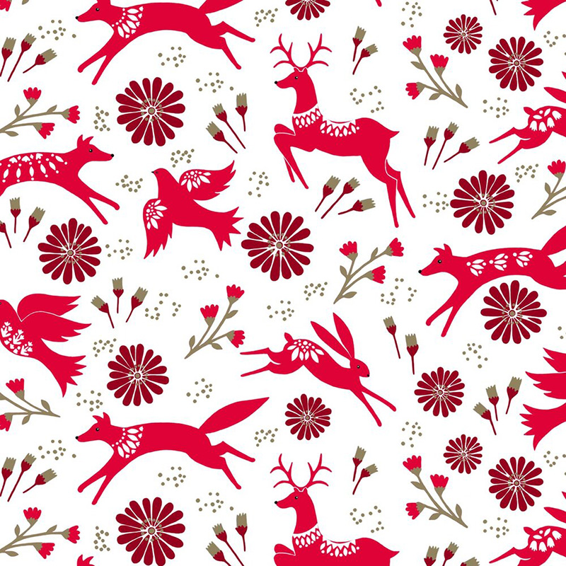 Starlit Hollow - Festive Animals in Red on White - Click Image to Close
