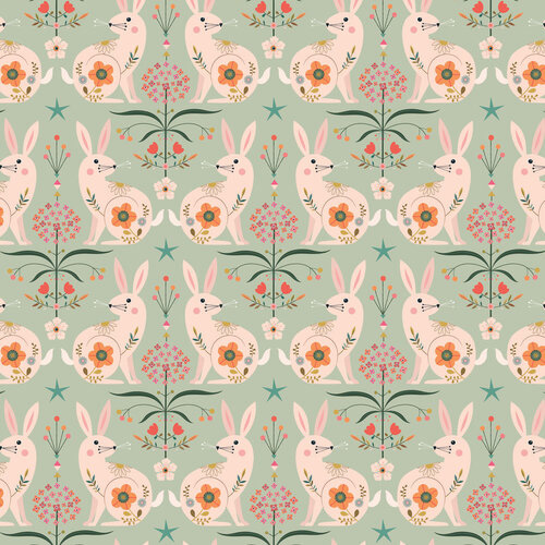 Tree of Life - Bunnies in Pink on Pale Green - Click Image to Close
