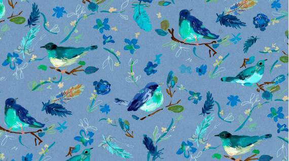 Blue Crush - Romantic Birds in Multi - Click Image to Close