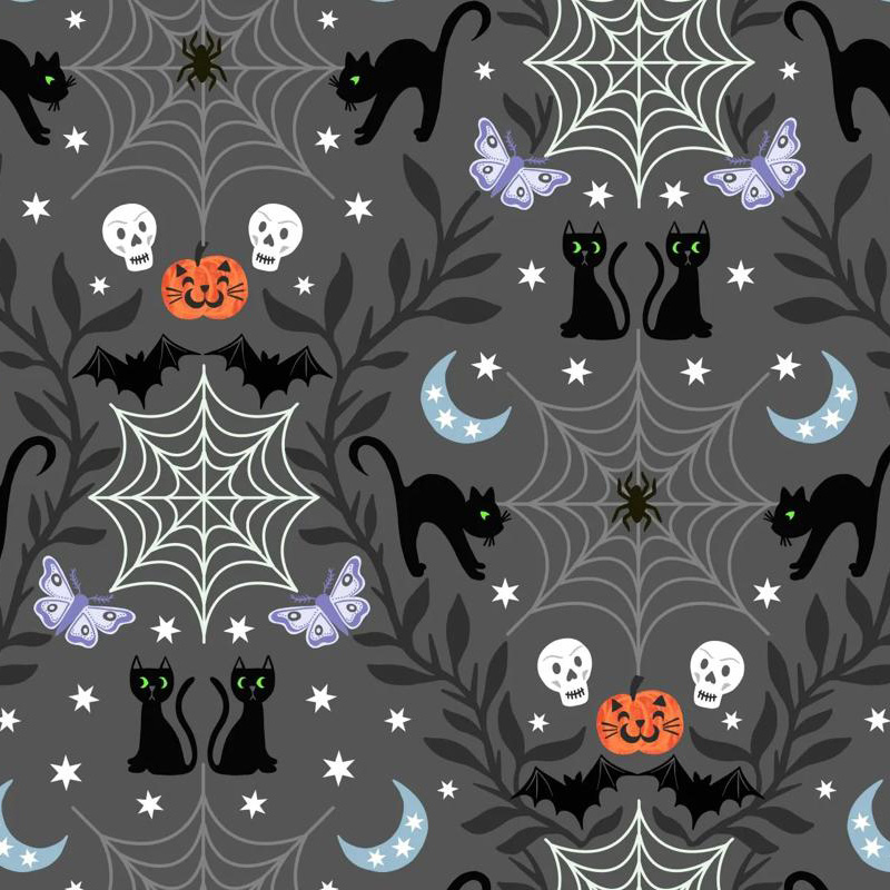 Castle Spooky - Cobwebs and Cats in Grey - Click Image to Close