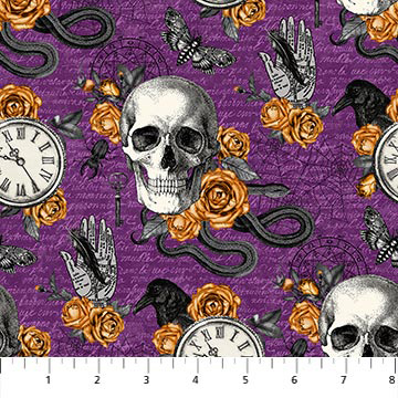 Wicked - Skulls and Clocks on Purple - Click Image to Close