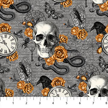 Wicked - Skulls and Clocks on Grey - Click Image to Close