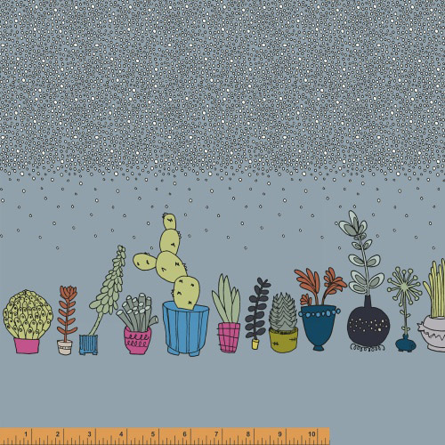 Succulents - Cacti Border Fabric in Blue - Click Image to Close