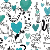 It's Raining Cats and Dogs - Hearts and Cats in Teal